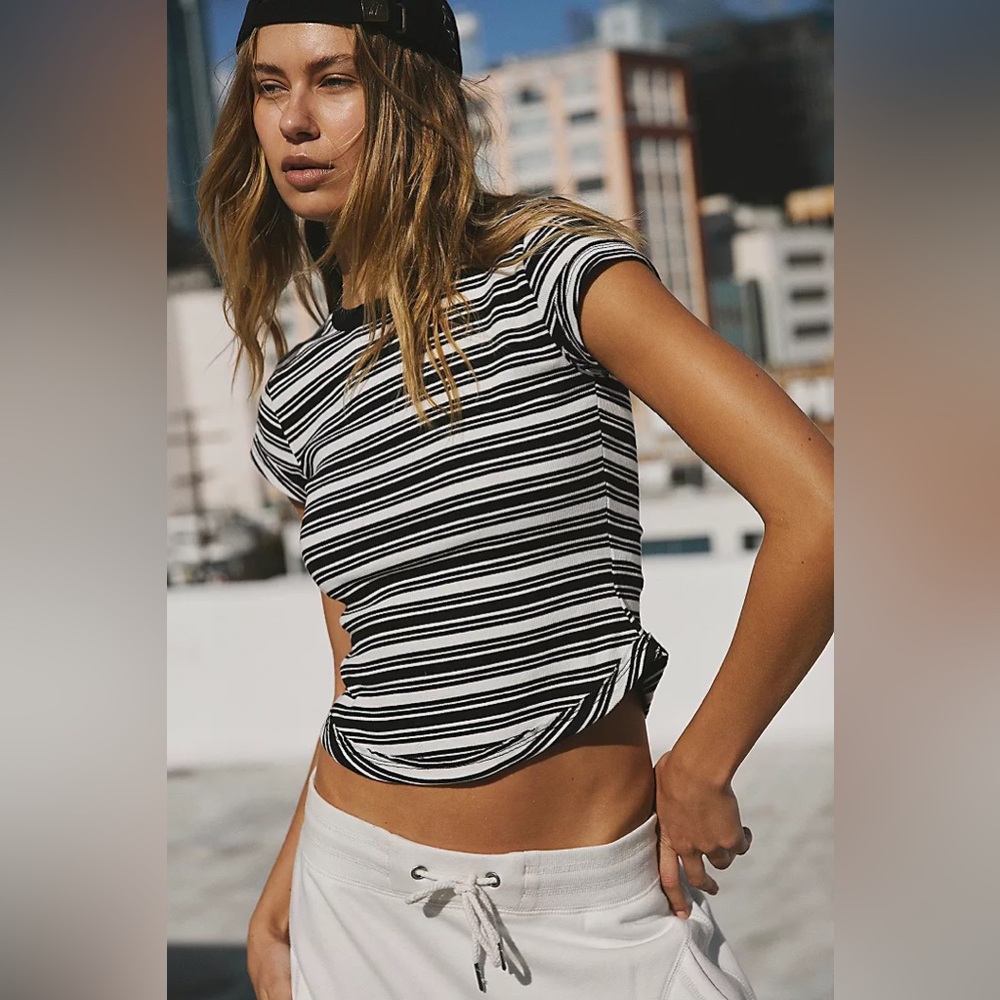 Free People Movement Ribbed Striped Baby Tee in black and white
